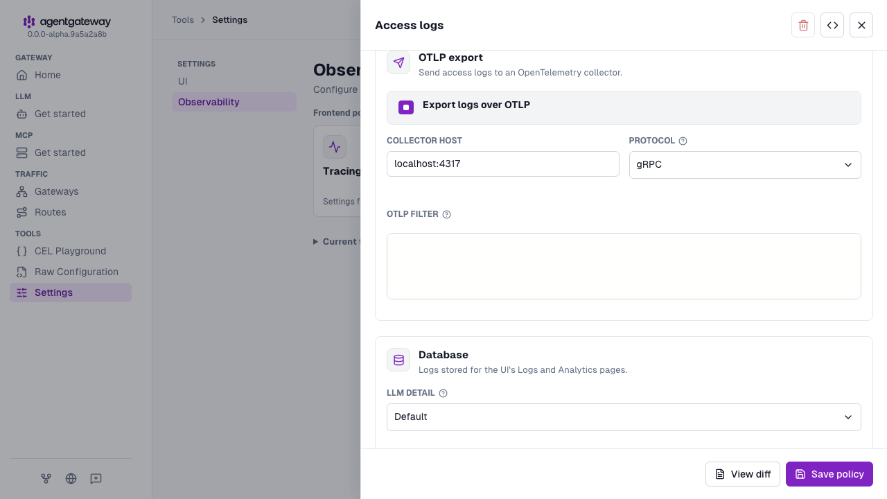Access logs drawer with Export logs over OTLP selected, the collector host localhost:4317, and the gRPC protocol
