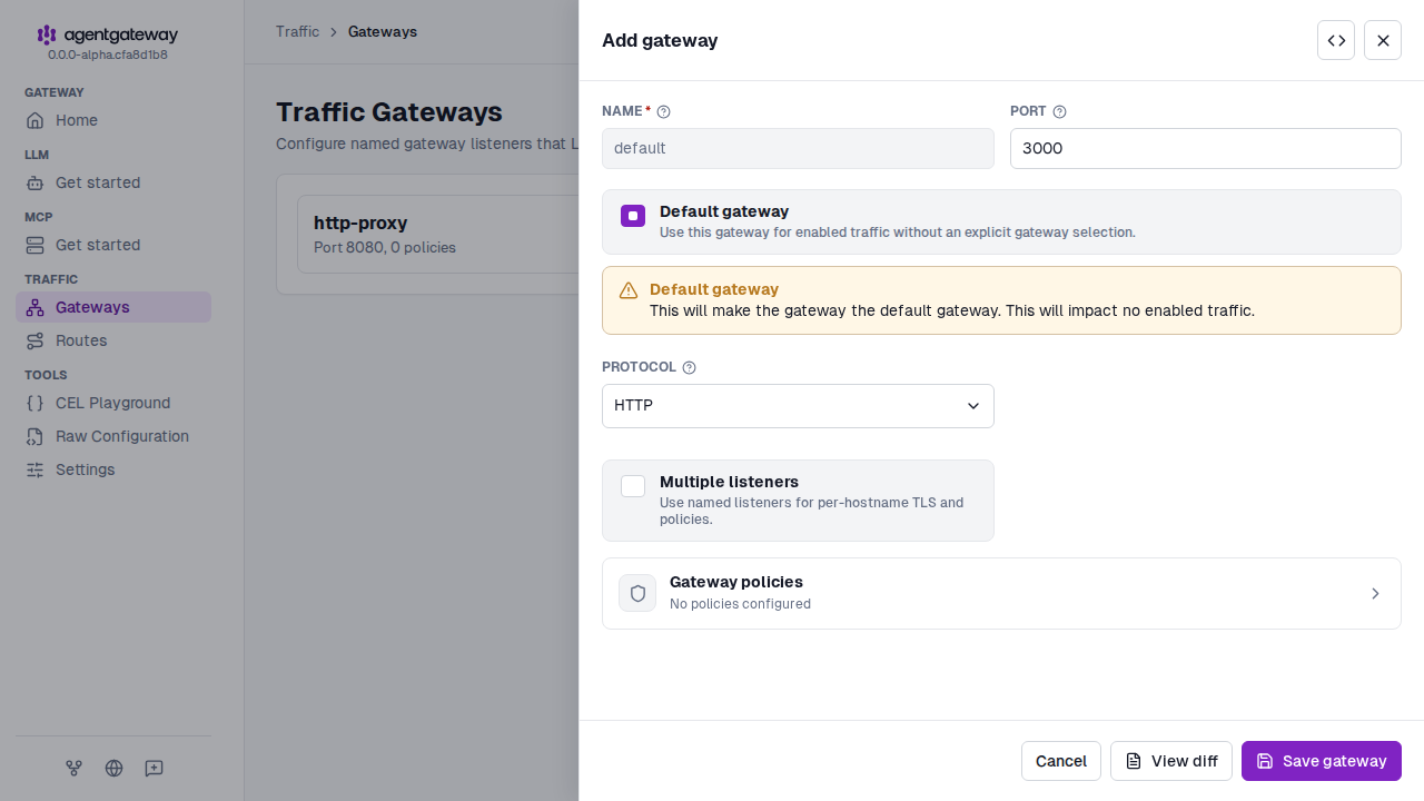 Add gateway drawer with Default gateway selected, so that the gateway is named default and listens on port 3000