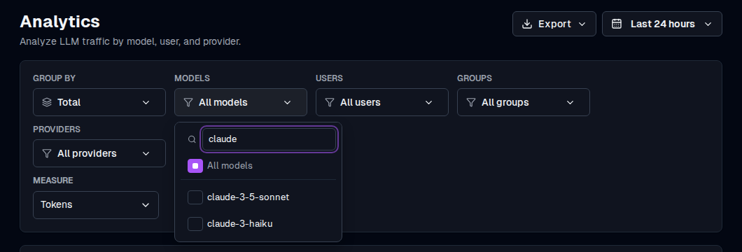 Analytics filters with the Models dropdown open and claude typed in its search box, which narrows the list to two Claude models