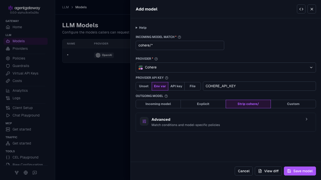 Add model drawer with Cohere selected as the provider, cohere/* as the incoming model match, and COHERE_API_KEY as the environment variable for the provider API key