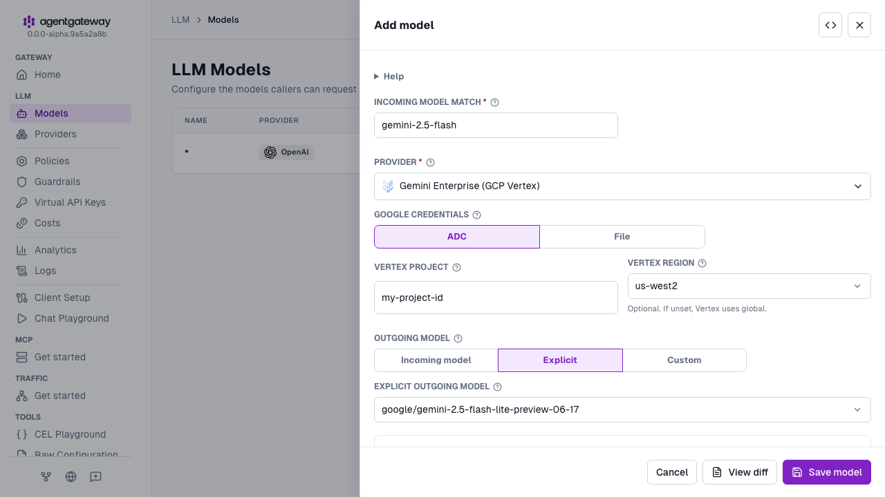 Add model drawer with Gemini Enterprise (GCP Vertex) selected as the provider, gemini-2.5-flash as the incoming model match, ADC as the Google credentials, my-project-id as the Vertex project, us-west2 as the Vertex region, and google/gemini-2.5-flash-lite-preview-06-17 as the explicit outgoing model