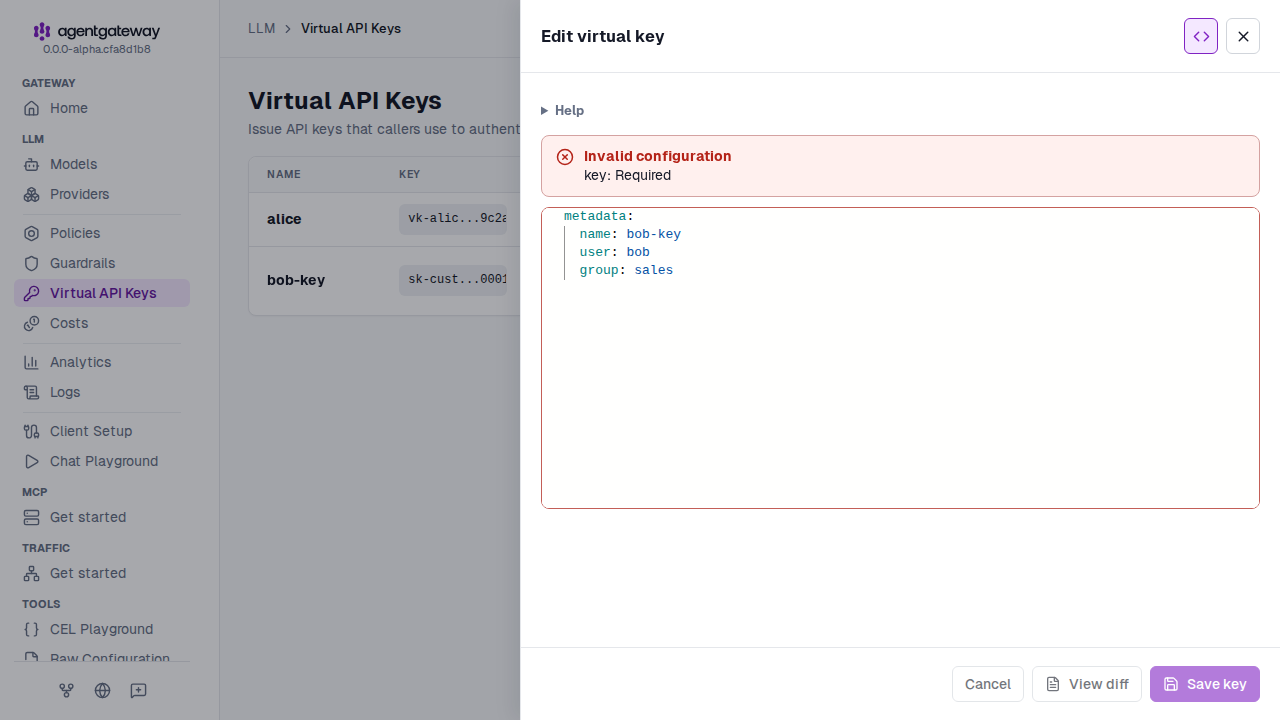 Edit virtual key drawer in raw mode with an Invalid configuration banner that reports key: Required, and the Save key button turned off