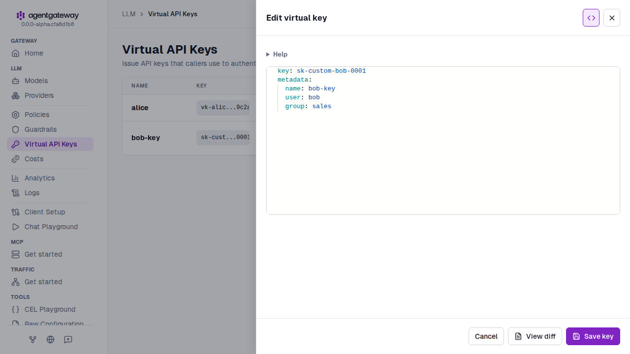 Edit virtual key drawer in raw mode with the YAML for the bob-key virtual API key