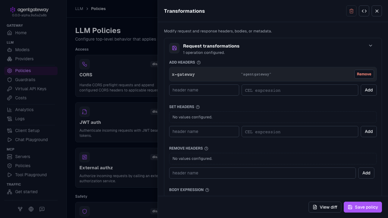 Transformations drawer with the request section setting the x-gateway header