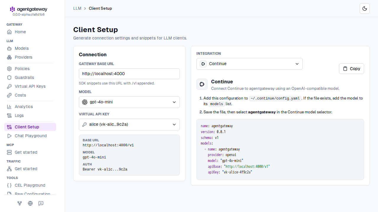 LLM Client Setup page with Continue selected as the integration and a generated model entry for the Continue config.yaml file