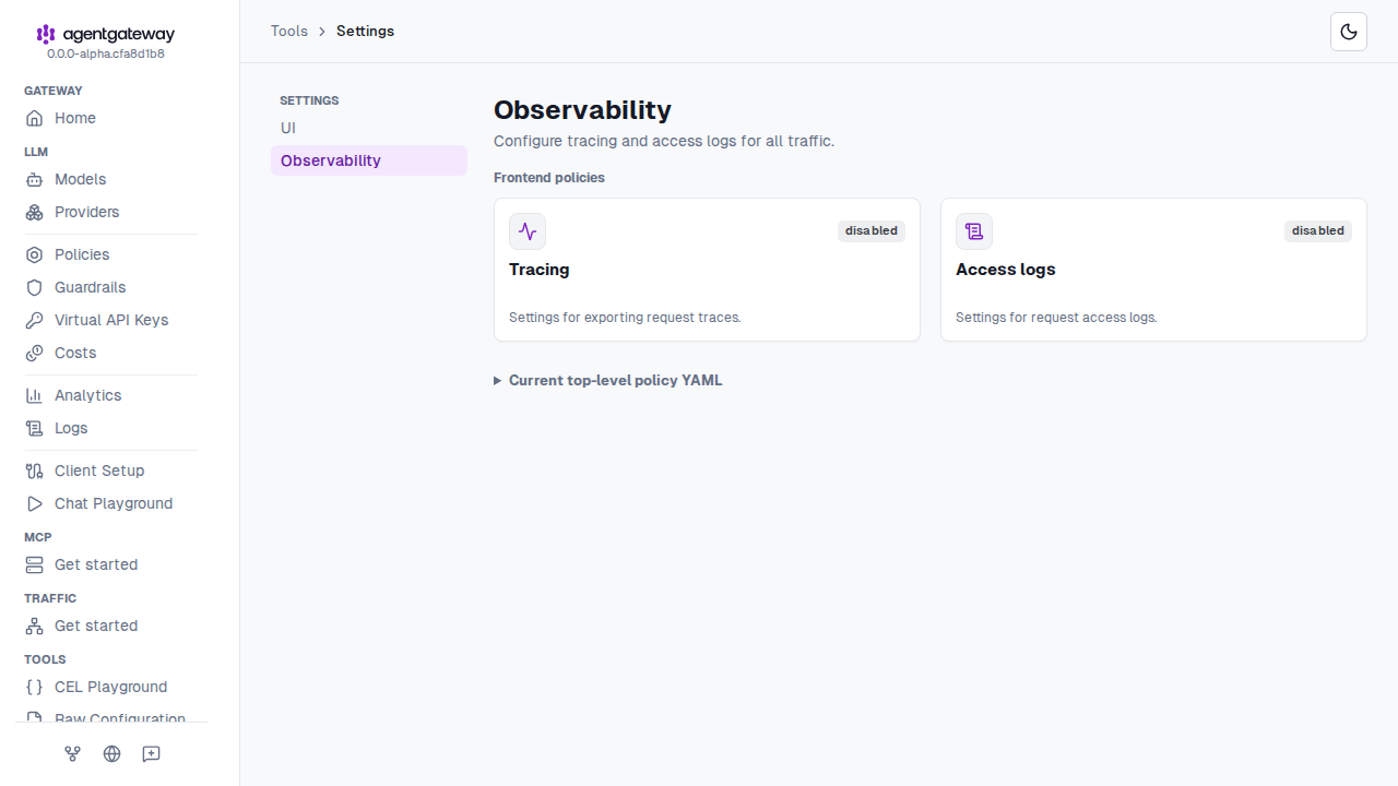 Settings Observability page with the Tracing and Access logs cards, both marked disabled